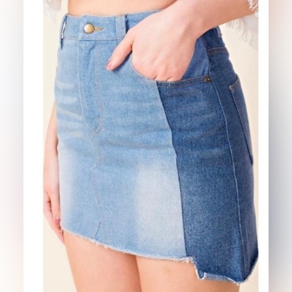 Wild Honey Two Tone Step Hem Denim Mini Skirt Raw Hem Blue Jean Size M Medium - Picture 3 of 9